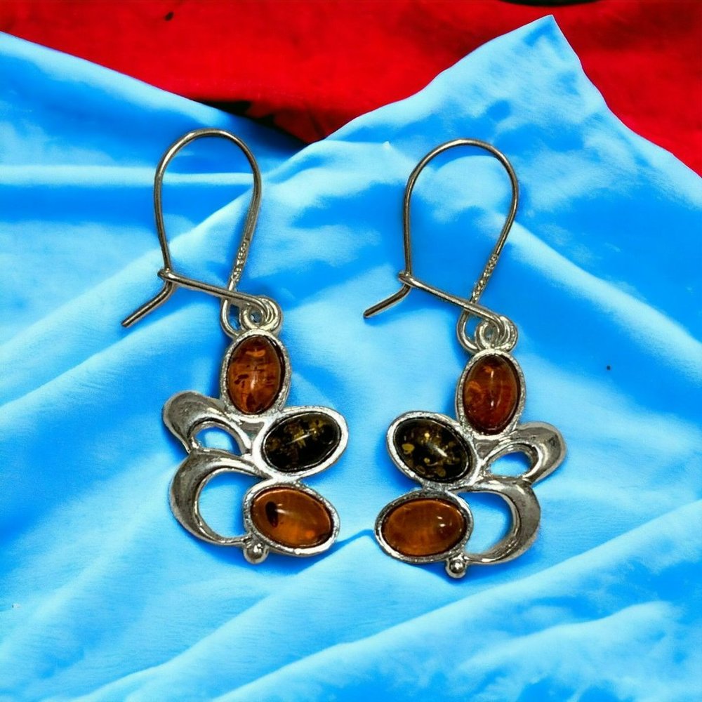 Sterling Silver 925 Classic Women's Amber and Silver Three-Stone Dangle Earrings